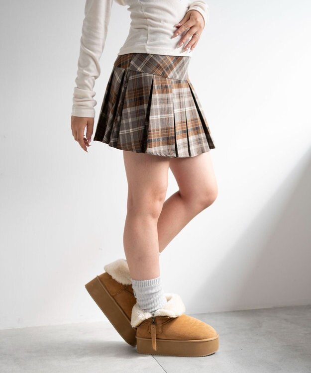 WEGO 【SCHOOL ITEM】チェック切替プリーツミニスカパン ブラウン