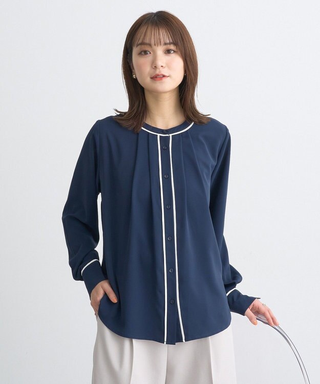 earth music&ecology バイカラータックブラウス Navy