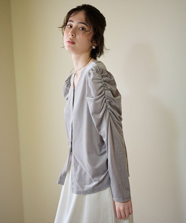 #Newans 【洗濯機可／ 前後着用可】 ギャザースリーブシアーベロアカーディガン ライトグレー