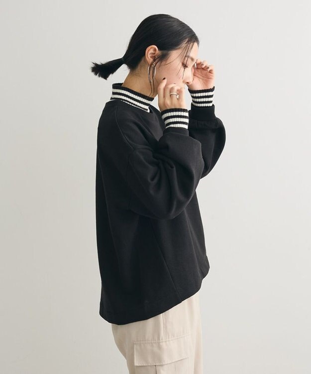 Green Parks 配色リブニットドッキング裏起毛プルオーバ Black