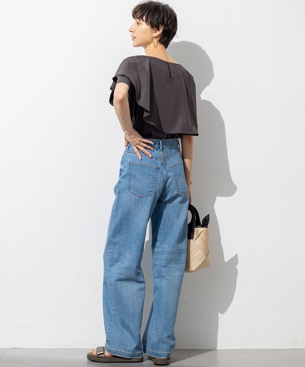 23区 【汗じみ防止/洗える】スムースデザイン ラッフルカラー カットソー ダークブラウン系