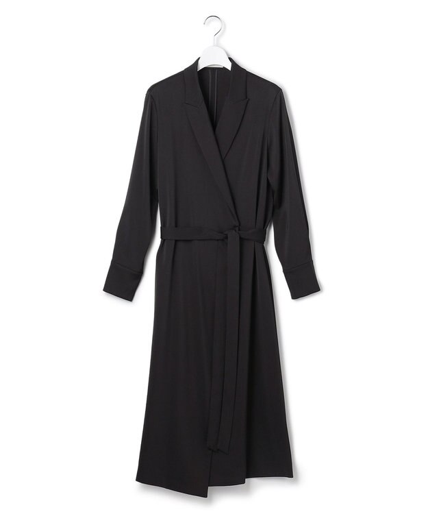ICB L 【洗える】ストレッチダブルサテン テーラーカラー ラップワンピース ブラック系