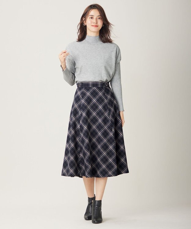 ANY SIS 【洗える】ベルトポイントフレア スカート ネイビー系チェック