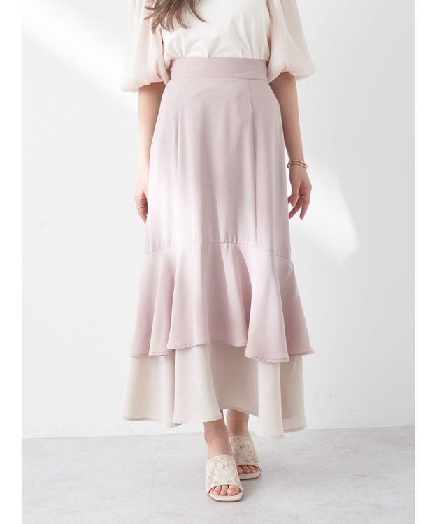 earth music&ecology バイカラーラッフルヘムスカート Pink Beige