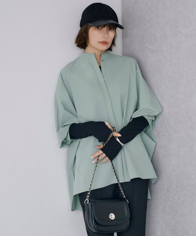 ICB 【洗える】ヴィンテージスパンブロード  バンドカラー長袖ブラウス オパールグレー系