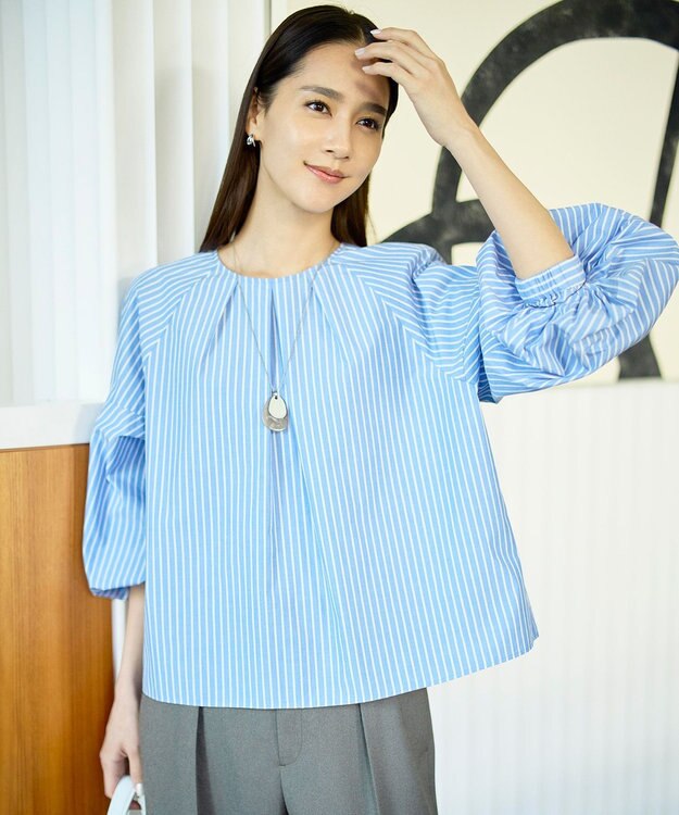 自由区 S 【SHIHOさん着用】ボリュームスリーブ ブラウス サックスストライプ