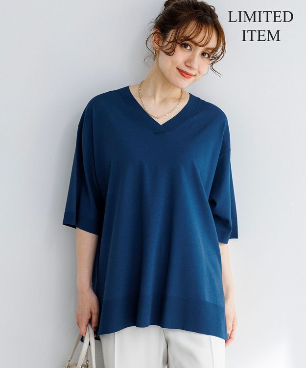 23区 L 【先行予約/WEB&一部店舗限定カラーあり/Lサイズ限定】レーヨンポリエステルストレッチ Vネック ニット ダルブルー系