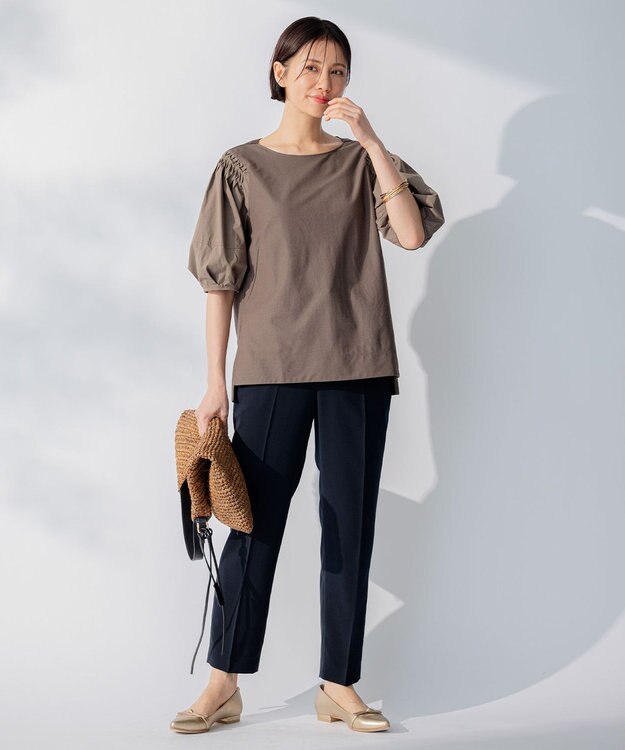 自由区 【洗える】コンビネーションシャーティング パフスリーブ カットソー ブラウン系