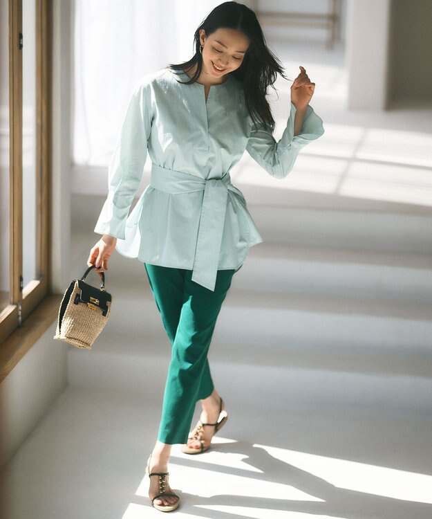 23区 S CANCLINI スキッパーベルト付き ブラウス ミントストライプ