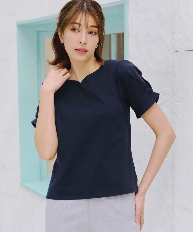 Tiaclasse 【UVケア・接触冷感】“あまラク” ハートネックカットソートップス ネイビー