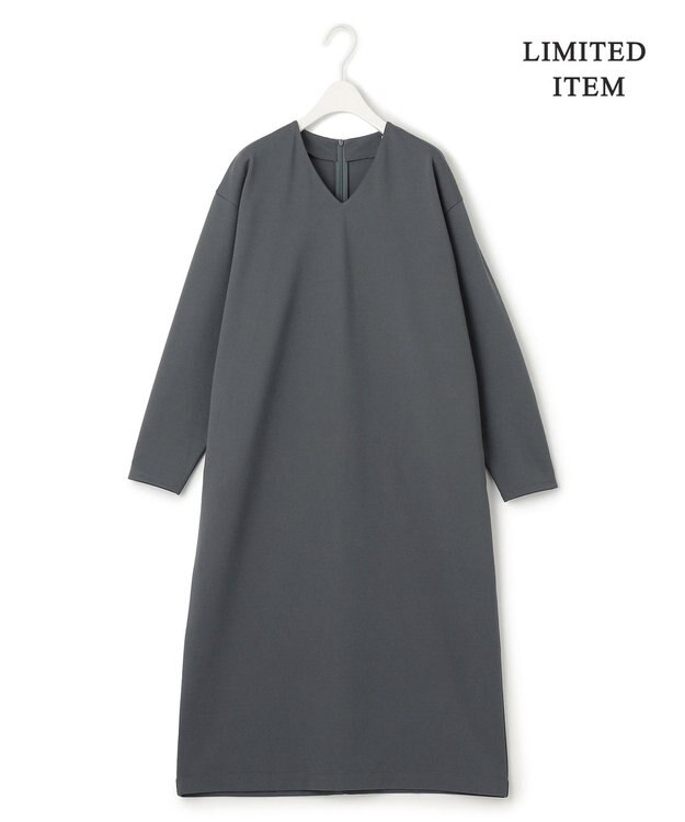 ICB 【WEB限定・洗える】ストレッチポンチ Vネックワンピース ダルブルー系