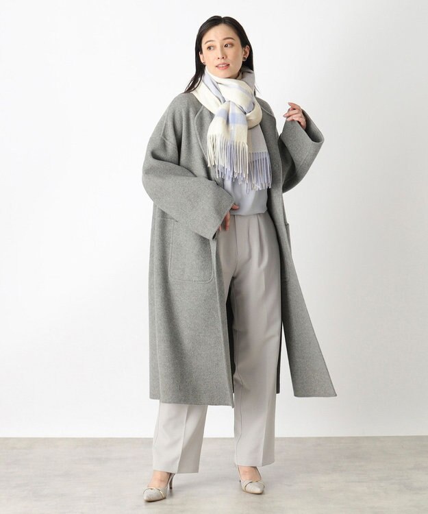 MOONBAT FURLA ウール混 超大判ラメ入りブロックチェックストールマフラー／幅70cm サックスブルー