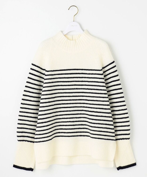 ANY SIS L ハイネックAir ニット アイボリー×ネイビー