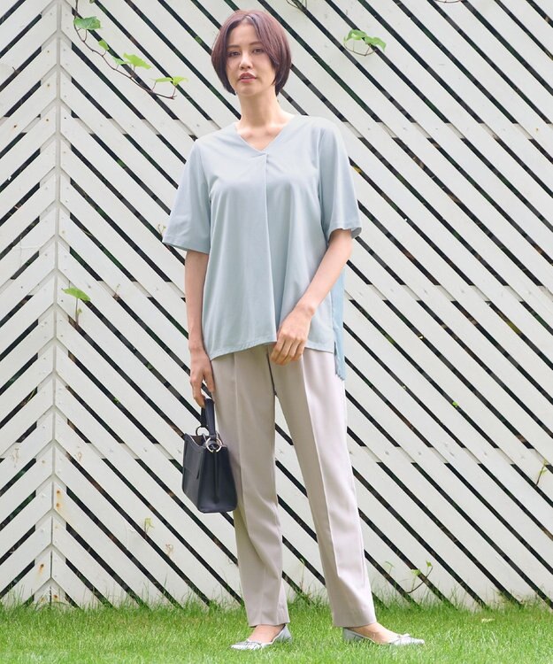 自由区 【洗える・XSサイズあり】シアーコンビバックプリーツ カットソー スカイブルー系