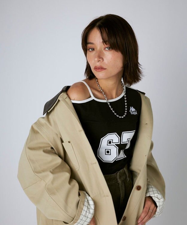 OP／FILA 【Kappa】ショート丈 ナンバーロゴ 肩ストラップロンT ブラック