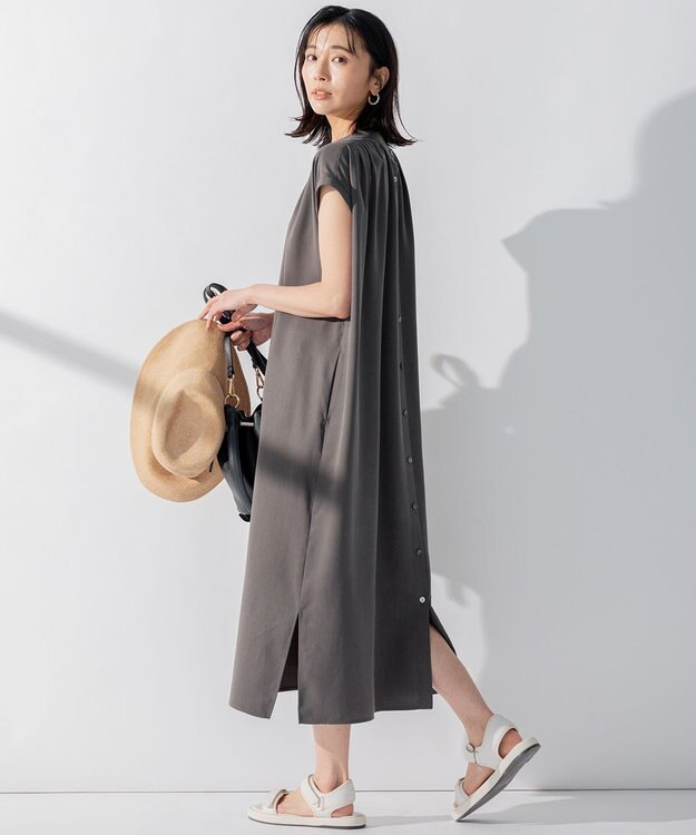 23区 L 【前後着用可能】フィブリルツイル ギャザー ワンピース グレー系