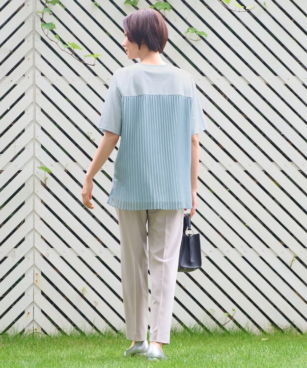 自由区 【洗える・XSサイズあり】シアーコンビバックプリーツ カットソー スカイブルー系