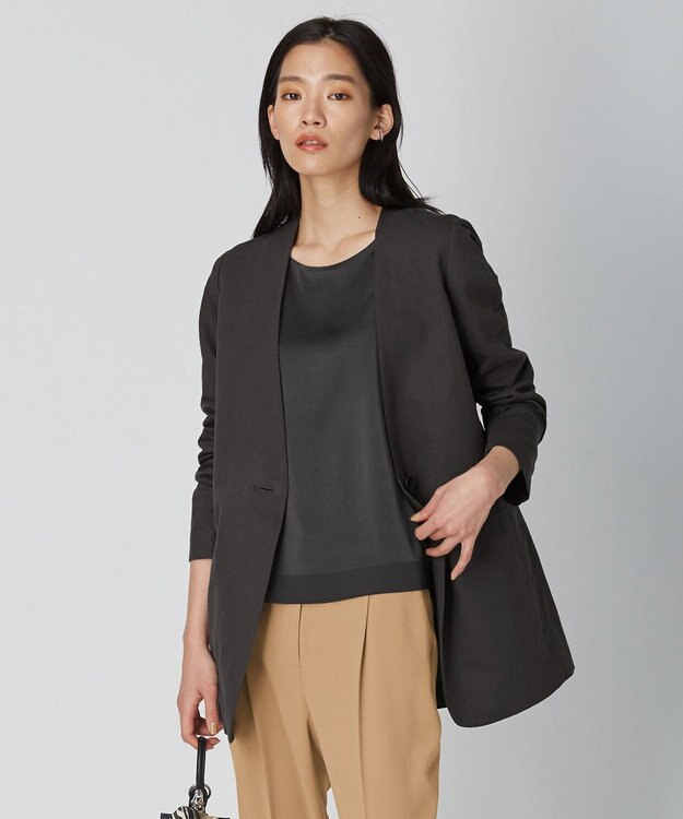 ICB 【吸水速乾機能付き】ペーパーコットンリネンツイル　ノーカラージャケット チャコール系