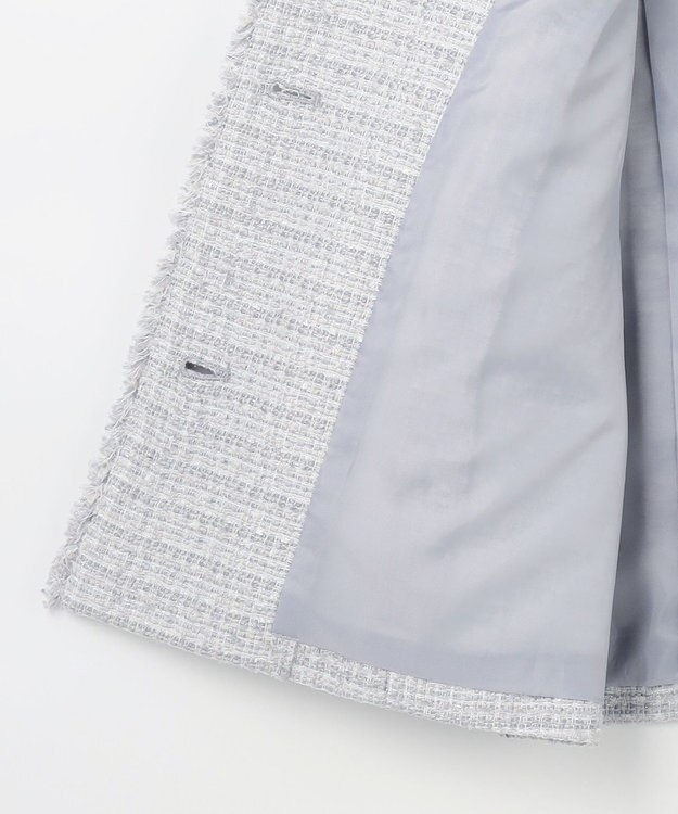 ANY SIS L ノーカラーフリンジツイード ジャケット ブルーグレーミックス