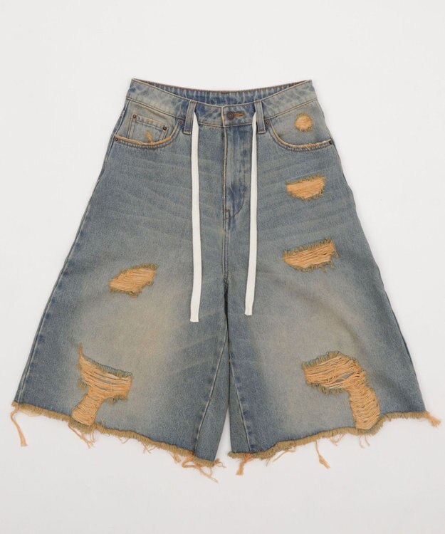 WEGO 【SMサイズ展開】ヴィンテージウォッシュダメージバギーハーフパンツ デニム淡加工色