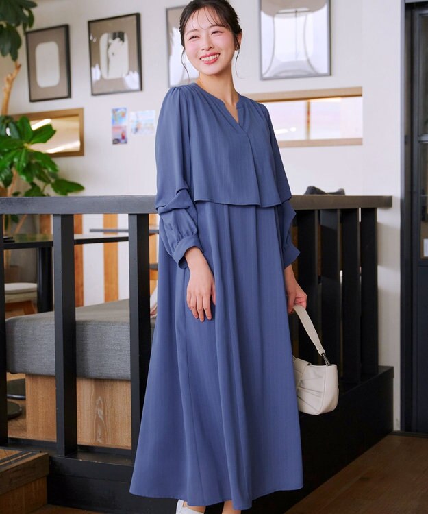 Tiaclasse つまみタック袖ワンピース ブルー