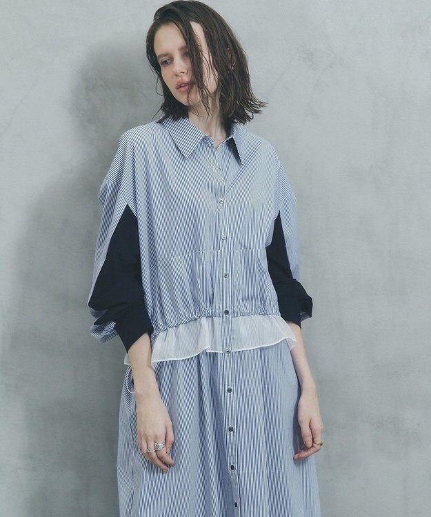 YECCA VECCA シアーMIXドロストデザインシャツワンピース Stripe