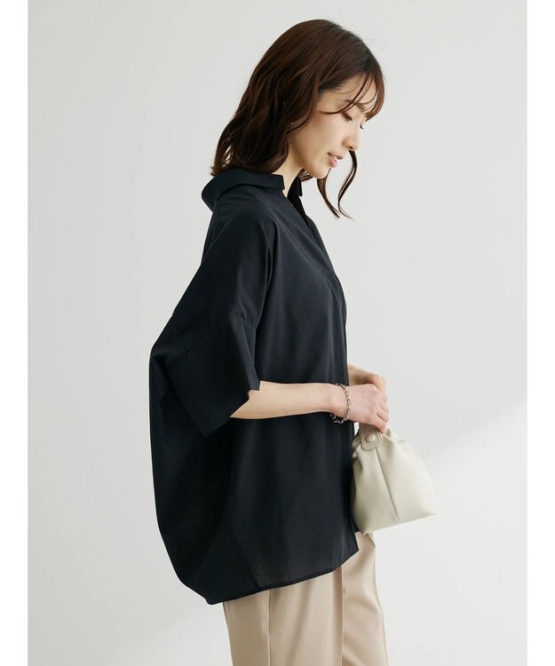 Green Parks 綿麻混スキッパーシャツ Black