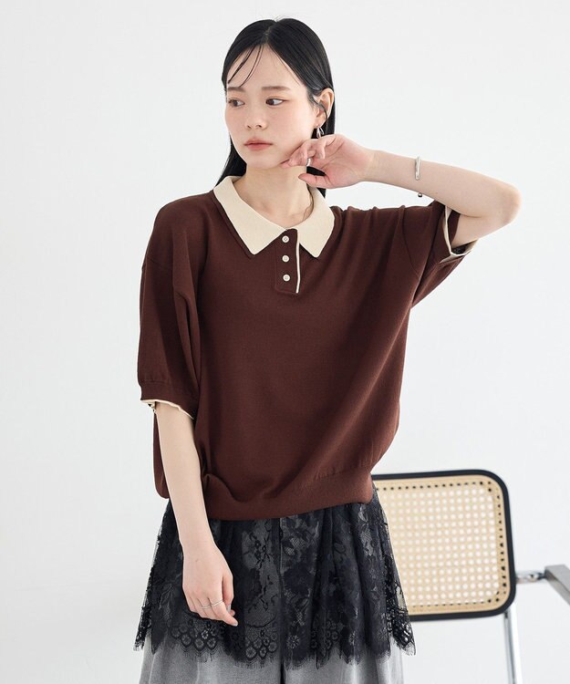 earth music&ecology バイカラーポロニット Brown