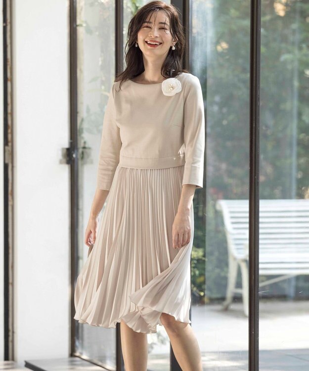 組曲 L 【KUMIKYOKU NAVY】ジャージーコンビプリーツ ワンピース ベージュ系