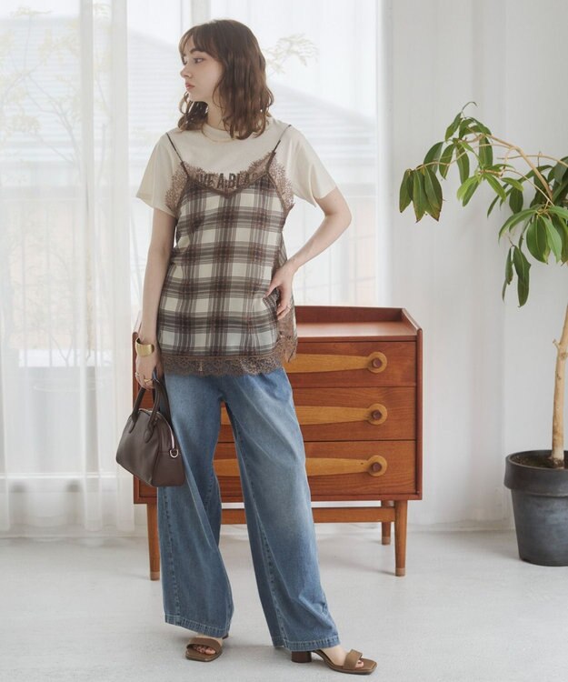 WEGO 【ANGIE VINTAGE】サテンレースキャミソール ブラウンチェック1