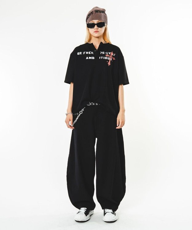 WEGO 【ユニセックス着用ITEM】ハトメバッククロスモチーフパンツ ブラック