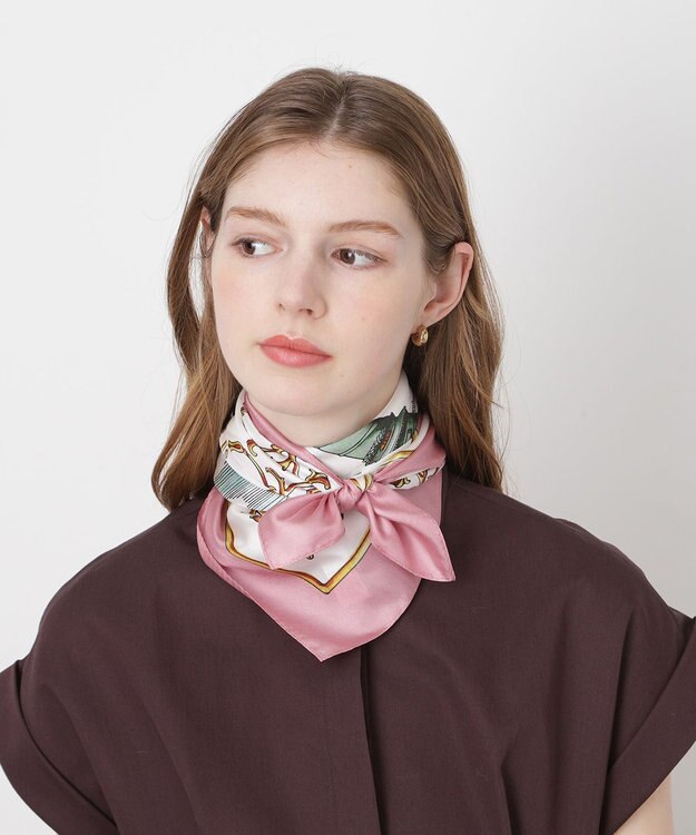 MOONBAT PAUL&JOE ACCESSOIRES(ポール & ジョー) シルクスカーフ 空 オーステルリッツ記念柱 ネコと毛糸 気球 65cm×65cm 手洗いOK ピンク