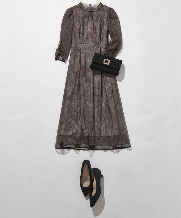 ANY SIS 【洗える】 ドットチュールレース ドレス ローズグレー×ブラックレース