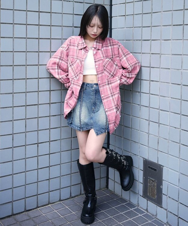 WEGO チェックBIGネルシャツ ピンク