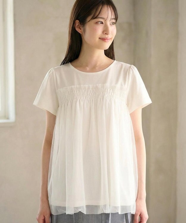 Feroux 【汗ジミが目立たない・洗える】バルーンチュール Tシャツ ホワイト系