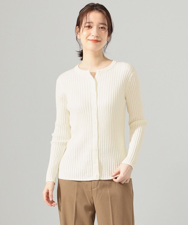SHARE PARK LADIES リブクルーネックカーディガン オフ
