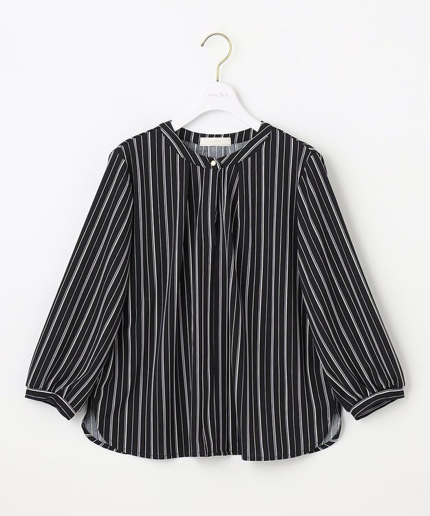 ANY SIS 【接触冷感・吸水速乾・UVケア】エアリードレープスムース 七分袖ブラウス ネイビーストライプ