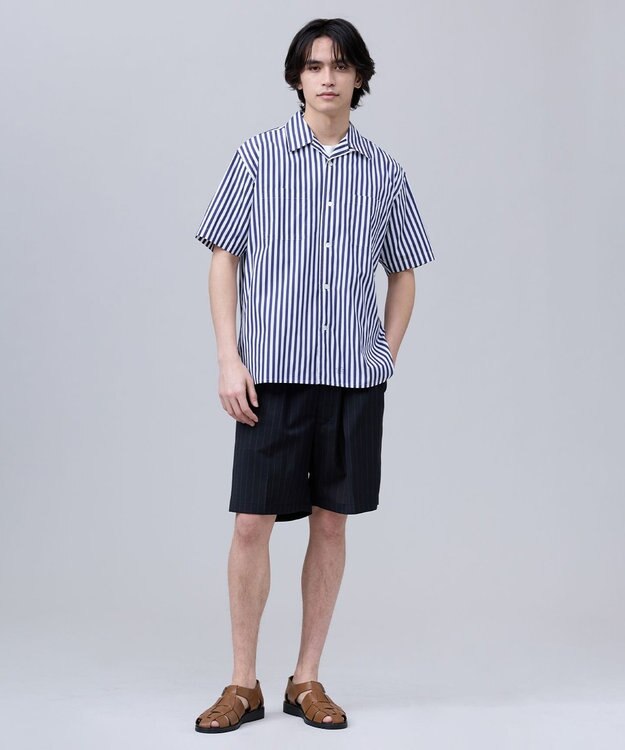 J.PRESS MEN 【J.PRESS ORIGINALS】Broad Stripe Open Half Sleeve Shirt / Baggy-Fit ネイビー系1
