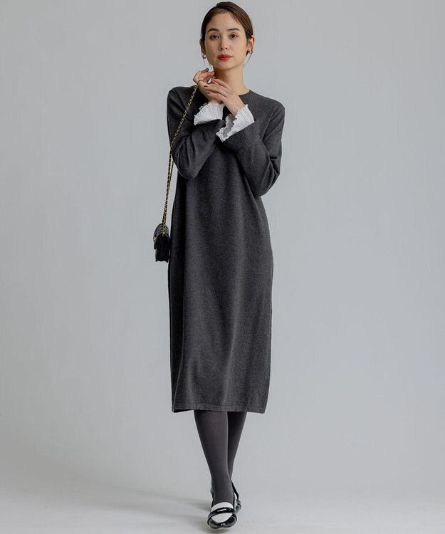 組曲 S 袖フリルニット ワンピース グレー系