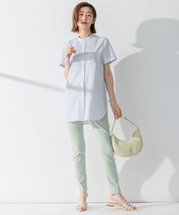 23区 L 【洗える】コットンポプリン ピンタック ブラウス ホワイトストライプ