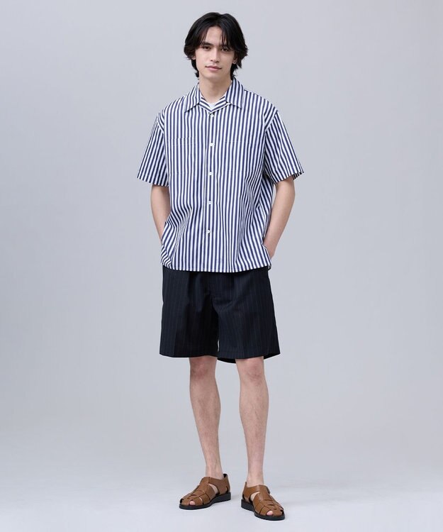 J.PRESS MEN 【J.PRESS ORIGINALS】Broad Stripe Open Half Sleeve Shirt / Baggy-Fit ネイビー系1