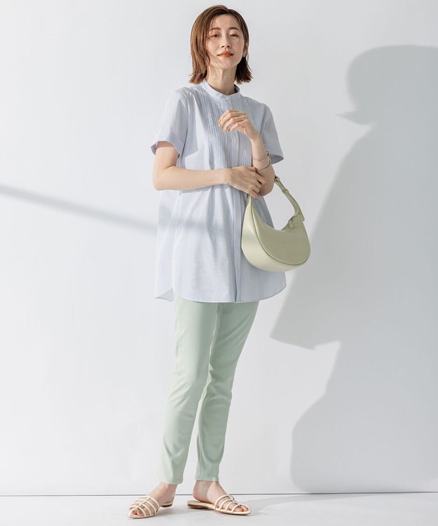 23区 L 【洗える】コットンポプリン ピンタック ブラウス ホワイトストライプ