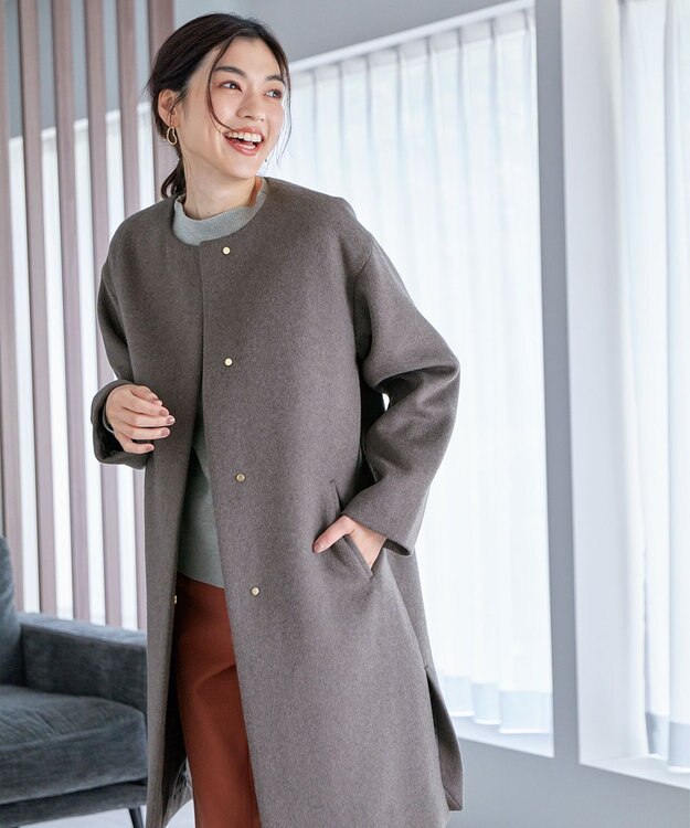 ANY 【防風裏地】ウールブレンドノーカラーコート チャコール