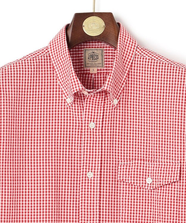 J.PRESS MEN オーガニックコットンサッカーギンガムチェックシャツ レッド系3