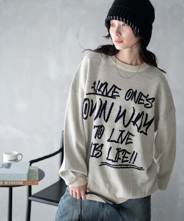 WEGO ハンドライティングジャガードニット ホワイトアイボリー