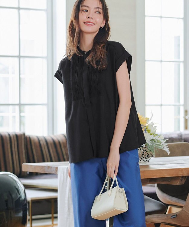 Tiaclasse 【洗える】フレンチスリーブピンタックブラウス ブラック