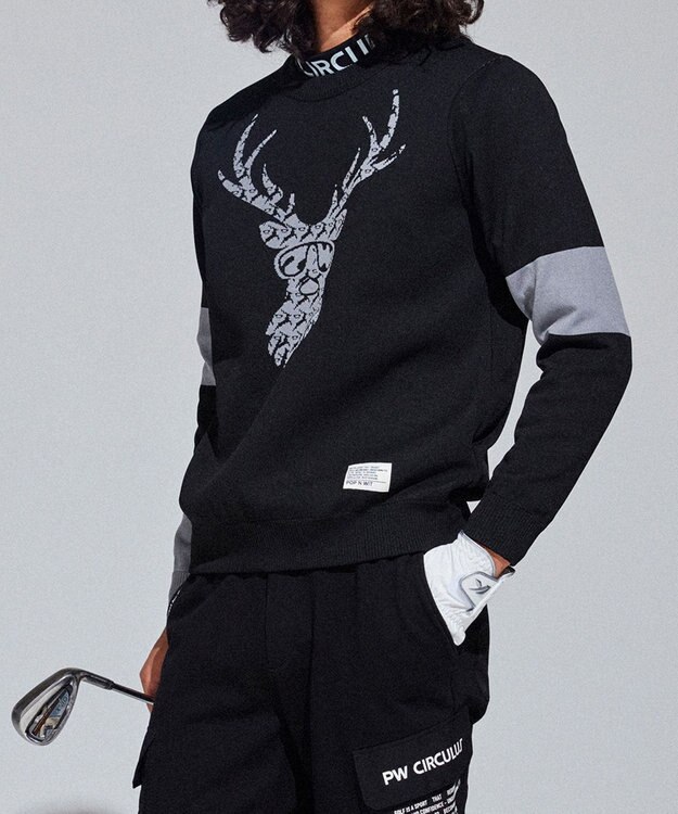 PW CIRCULUS 【イージーケア/軽量】【MEN】 DEER モチーフニット ブラック系