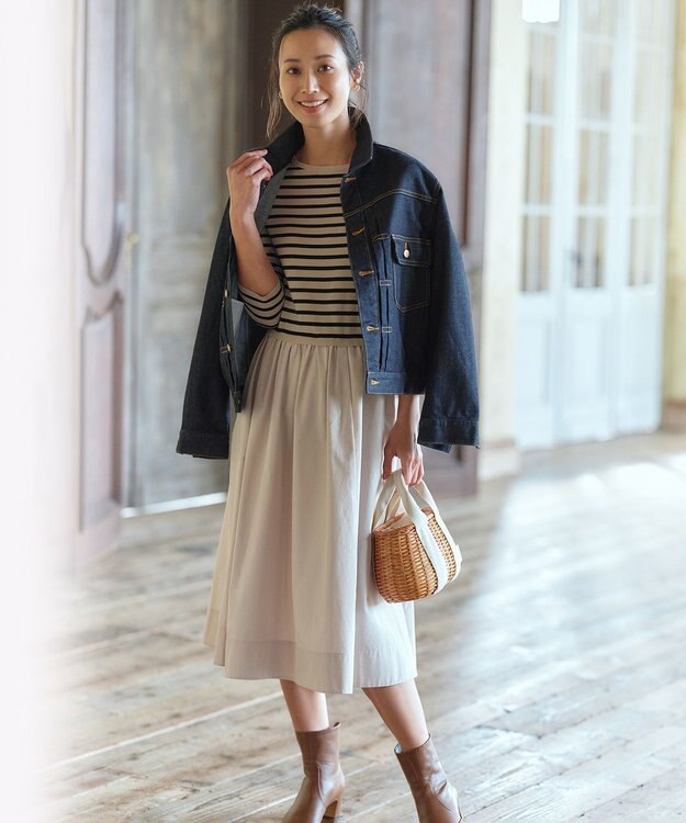 23区 【洗える】ハイカウントライトタフタ ドッキング ワンピース ベージュベース×ブラックボーダー