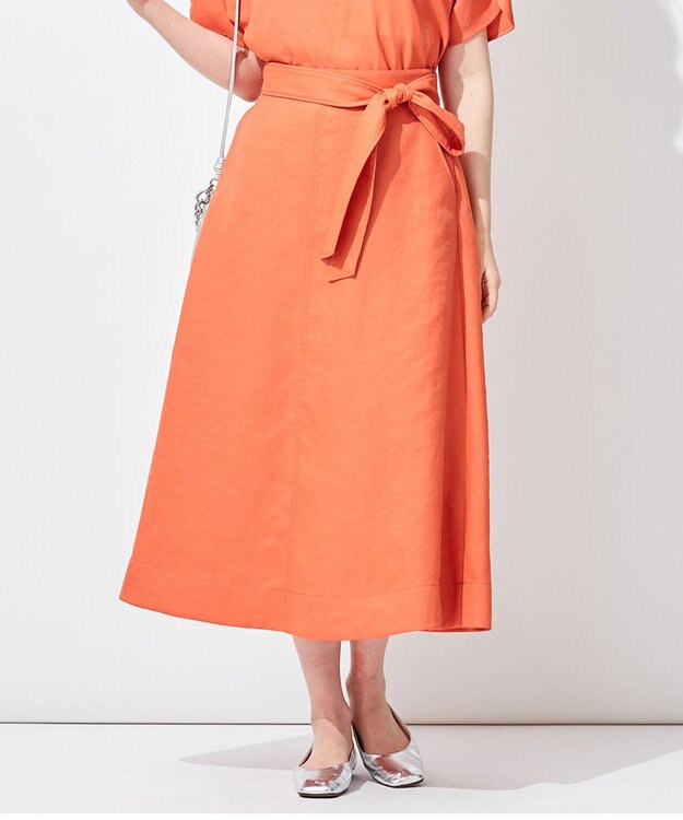 自由区 【接触冷感/セットアップ着用可】トリアセテートツイル フレアスカート オレンジ系