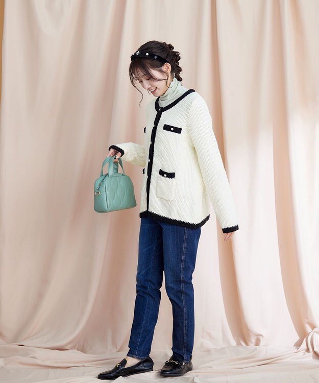 Tiaclasse 【洗える】ミドル丈配色ノーカラーニットジャケット オフホワイト